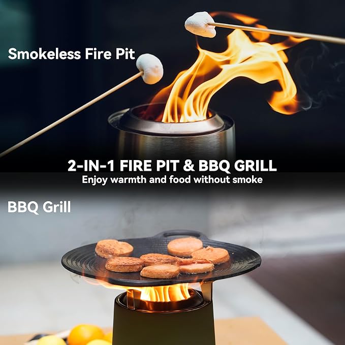 2 in 1 Portable Fire Pit with Pot Bracket & Carry Bag, Camping Stove Smokeless Fireplace for Patio Backyard RV Tailgating, Stainless Steel, Green 9", #FP047