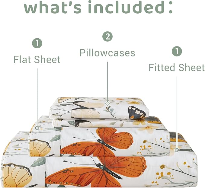 QSH Green Floral Sheets Queen Size,100% Egyptian Cotton Sheets Queen Rosemary Flowers Butterfly Botanical Pattern Printed Bedding Sheet Extra Soft and Breathable 17.5" Deep Pockets Bed Sheet 4PCs