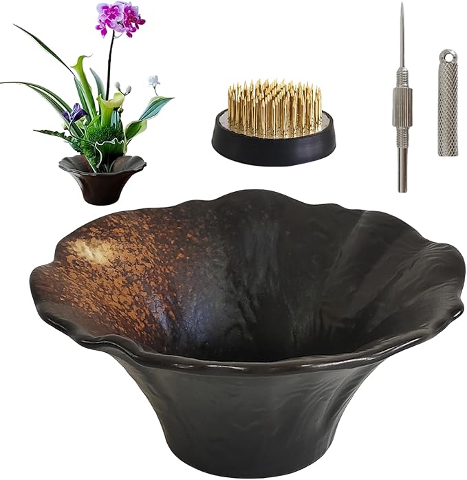 Japanese Ceramic Ikebana Kit, Floral Shaped Vase Arranging Supplies, Black Arrangement Bowl with Flower Frog Pin Cleaning Needle (High)