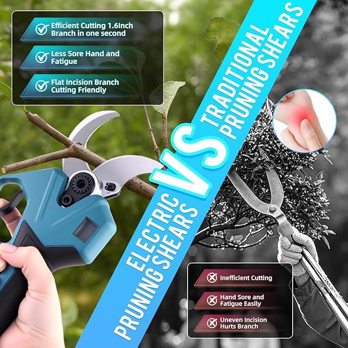 RYOJEGK 21V Brushless Electric Pruning Shears, 1.6-Inch Cutting Cordless Power Pruner with 2x2.0Ah Battery & 3 SK5 Blades, 2.4" Max Opening Garden Shears for Tree Trimming and Fruit Harvesting