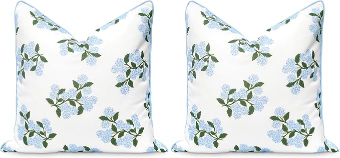 Hofdeco Premium Coastal Patio Indoor Outdoor Throw Pillow Cover Only, 20"x20" Water Repellent for Backyard, Couch, Baby Blue Print Hydrangea Flower (Pack of 2)