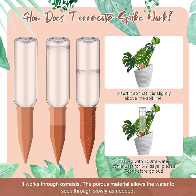 SiliFine 6 Sets Plant Watering Devices Include Terracotta Self Watering Spikes and 26 oz Plastic Bottles, Slow Release Vacation Insert Automatic Plant Waterer Device (Green Clear Brown and Terracotta)