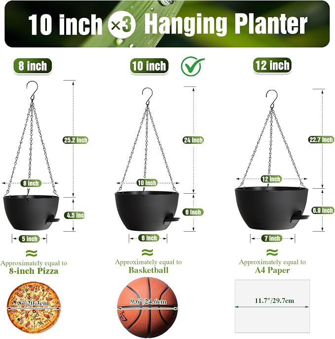 10 Inch Self Watering Hanging Planters, 3 Pack Plastic Plant Pots | Sturdy lightweight pot with side watering lip, drainage holes, snap-on detachable tray & hanging chain for easy care