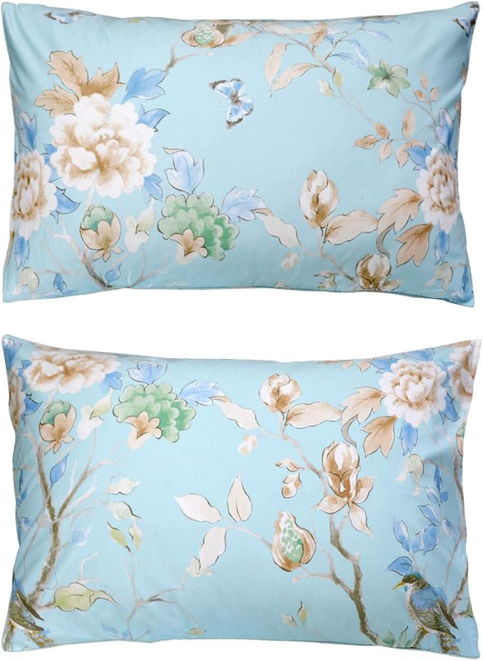 FADFAY Floral Bedding Shabby Blue Bird Print Bed Sheet Set Luxury Bedding Collections 800 Thread Count 100% Egyptian Cotton Deep Pocket, 4 Piece-Twin XL Size