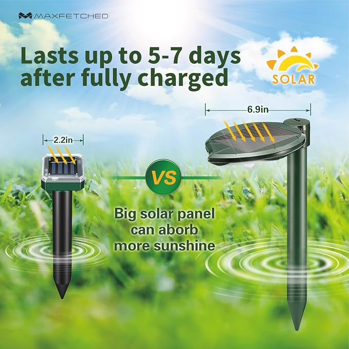 Ultrasonic Snake Repellent for Yard Solar-Powered, 2 Pack | Also Repels Moles, Voles, Gophers. 14.5" Deep-Stakes Drive, Oversized Solar Panel, LED light, Waterproof, Pet Safe