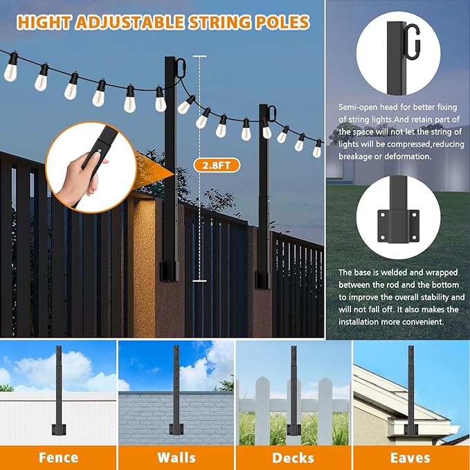 Mutovlin 6 Pack String Light Poles,2.8Ft Light Poles for Outside String Lights,Outdoor Lights Pole with Fork,Metal Poles Stand for Patio Deck Backyard