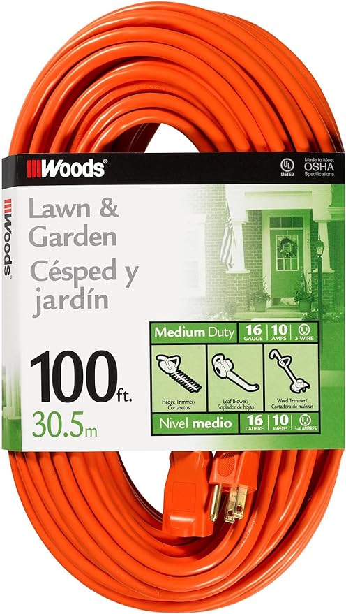 LawnMaster 15-Inch 11AMP Electric Mower and Woods 100-Foot Orange Extension Cord Bundle