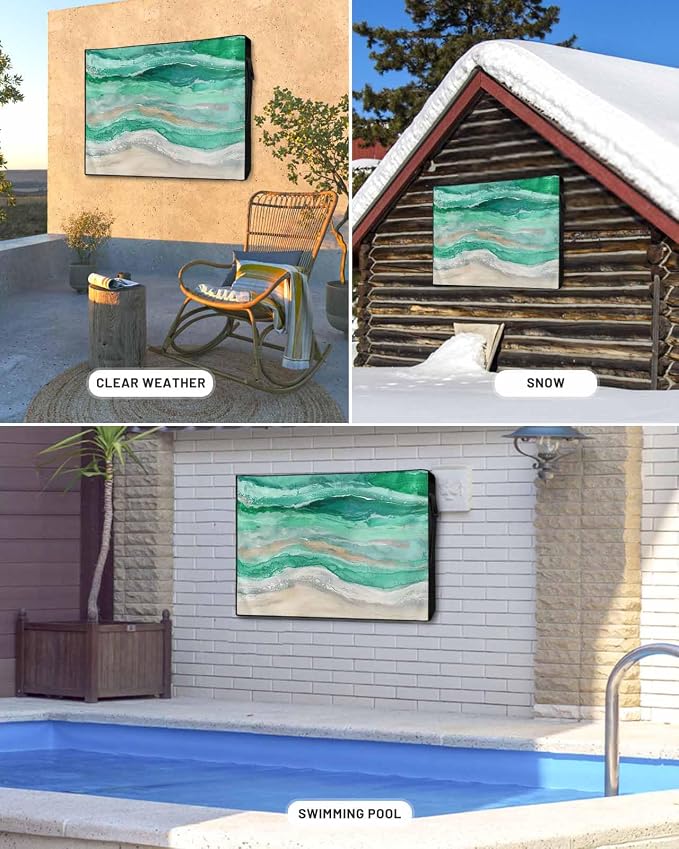 Outdoor TV Cover 48-50 Inch Weatherproof, Green Coastal Outdoor TV Enclosure with Zipper & Roll Up Front Flap, Summer Beach Nautical Abstract Art Waterproof TV Covers for Outside TV