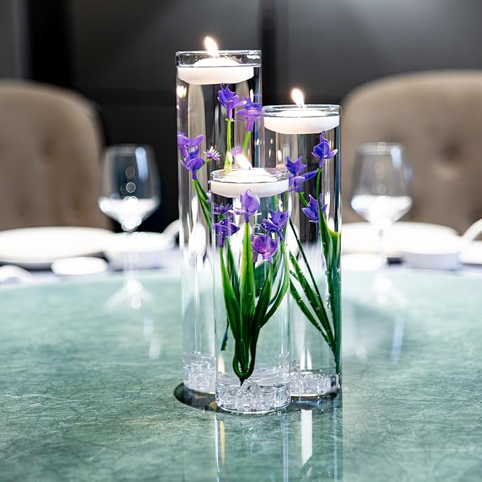 Floating Flower for Table Centerpiece Artificial Purple Orchid Glass Cylinder Vase Set with Floating Candles Fake Ice Cubes for Wedding Party Home Bar Restaurant Festival Decoration