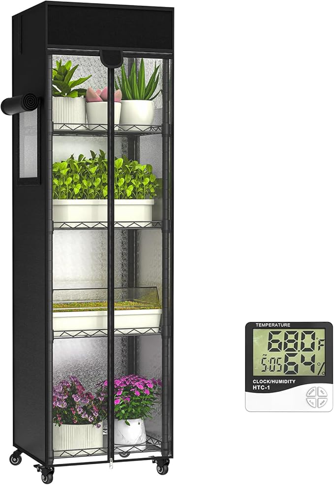 Small Greenhouse for Indoors, 5 Tier 15.7" L×11.8" W×62.3" H | adjustable shelves，Portable Greenhouse with Wheels， Metal Shelf，for Growing Flowers and Seedlings