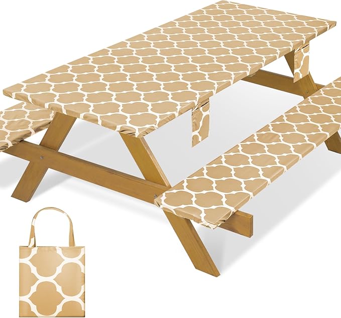 Fitted Waterproof Picnic Table Cover with Bench Covers Elastic Edges Camping Tablecloth for 6 Foot Rectangle Tables Camp Cooking Motorhome Party Equipment Car Rv Travel Trailer Needs Gifts