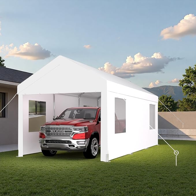 12x20FT Canopy, Outdoor Portable Garage with 2 Roll-Up Doors & 4 Ventilated Windows, Patio Camping Heavy Duty Car Port Canopy with PE Cover, Ground Pegs & Steel Cables, Easy Assembly, White