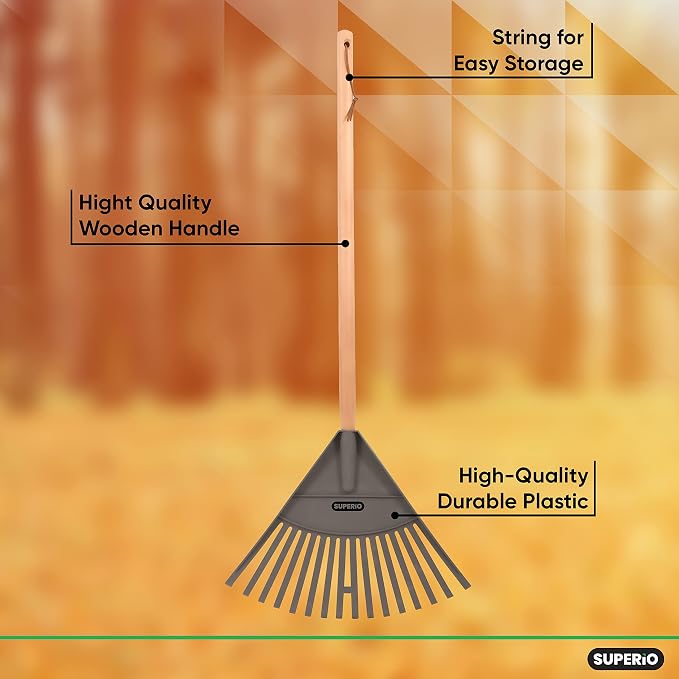 Superio Kids & Adult Set Rakes with Hardwood Handle, Durable Plastic Head to Sweep Leaves in Lawn and Tidying Up The Garden, Kids Size 34" Adult Size 61"
