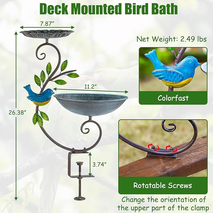 Deck Mounted Bird Feeder and Bath for Railing, Balcony 2-in-1 Outdoor Metal Birdbaths, Adjustable Heavy Duty Clamp for Porch Garden Decor Yard Lawn