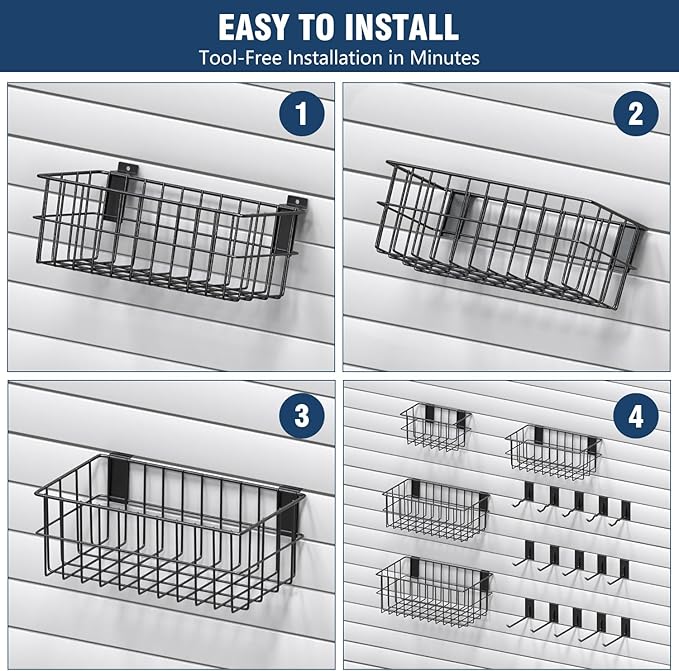 3-H Heavy-Duty Slatwall Accessories 15 Pack and Slatwall Baskets 4 Pack, Slatwall Hooks & Hangers Multi Sizes for Use in Garage, Workshop, Store, and Studio for Organization and Display