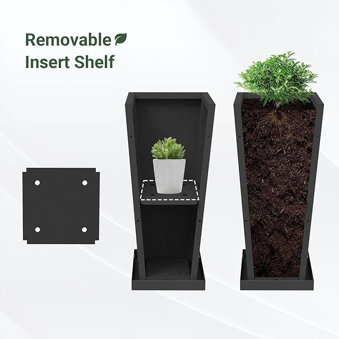 Metal Tall Outdoor Planters Set of 2, 24 inch Durable Tall Planters with Rust-Proof Coating & Drainage Insert Shelve & Trays, Black Outdoor Planters for Porch, Garden, Patio, Yard