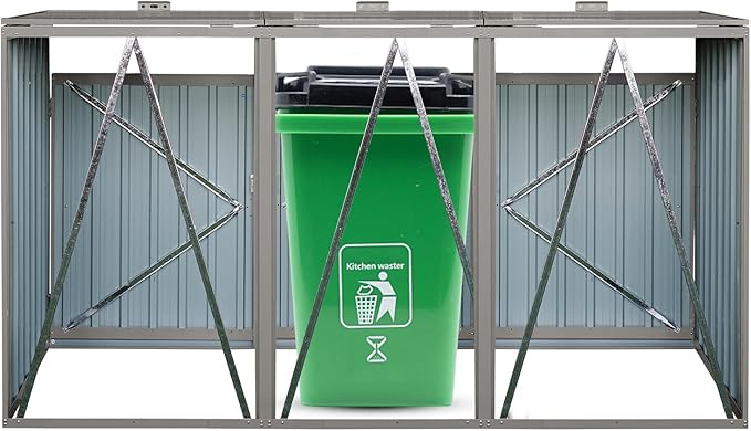 82.7 Cu.Ft Outdoor Trash Can Storage Shed, Metal Trash Can Storage Bin with Spring Chain Lid for Garbage Storage, Waterproof Storage Shed Stores for 3 Trash Cans, Garden Tools, Gray