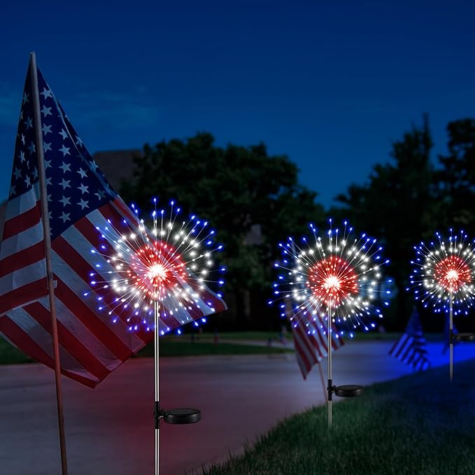 Tujoe 3 Pcs 4th of July Solar Firework Lights Patriotic Solar Light Outdoor Garden 120 LED 8 Modes Waterproof LED Sparkler Light for 250th Anniversary Patio Yard Pathway Walkway (Colorful)