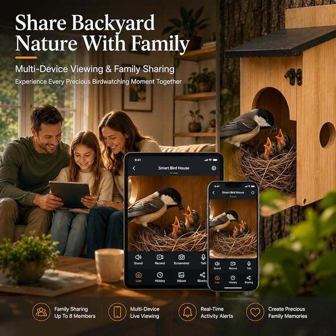 Smart Bird House with Camera, Bamboo Wooden Birdhouse for Outdoor Bird Watching, App Live View, Color Night Vision, Motion Detection, Waterproof Bird Nesting Box