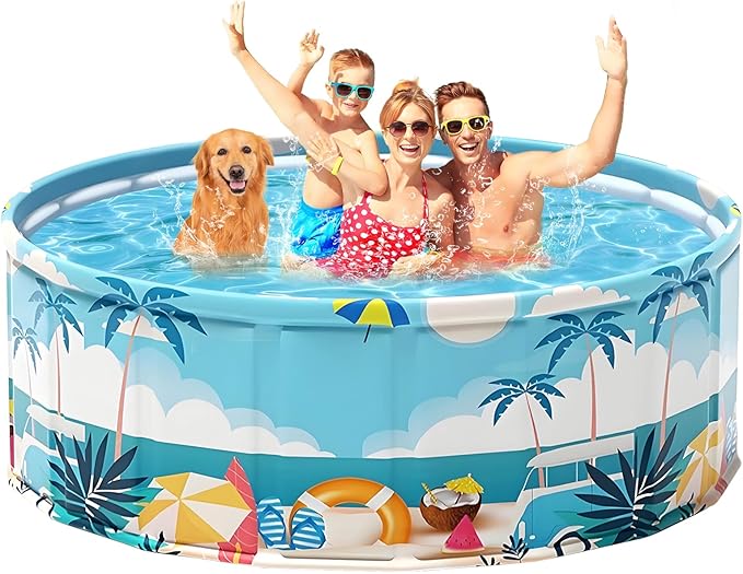 Foldable Swimming Pool for Kids 78.7"x17.7" Hard Plastic Portable Dog Pool Anti-Slip Collapsible Pets Bathtub Kiddie Pool Indoor Outdoor Backyard (Beach Party 79'')