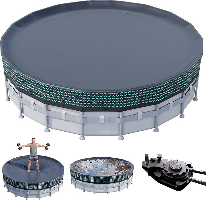 POOLHACKER 550D Pool Cover 21FT Round for Above Ground Pools [2026 Upgraded Heavy-Duty Fabric] Windproof Swimming Pool Cover with Steel Cable & Pulley System, UV Resistant