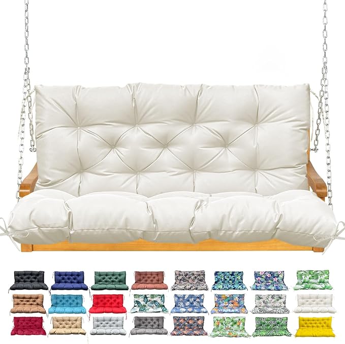 Porch Swing Cushion with Backrest,Waterproof Bench Cushion for Outdoor Furniture,2-3 Seater Replacement Thickened Swing Cushion with Ties,Patio,Outdoor,Backyard and Garden (Cream,47x40)