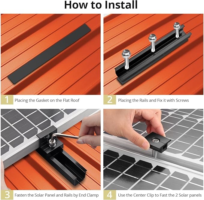 Anbte 6Pcs Solar Panel Mounting Kit, Aluminium 4.72" Solar Panel Mounting Rail & 30mm/35mm End Clamp & Mid Clamp, Solar Panel Mounting Brackets for Metal Roof, Tin Roof, Flat Roof, Sheet Roof, Black