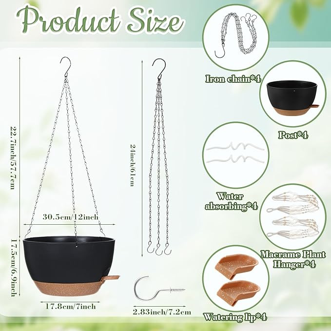Sliner Set of 4-12 Inch Self Watering Hanging Planters Includes Hanging Pots and Outdoor Hanger Plant Pots with Drainage Holes 2 Types of Hanger Basket Hooks for Patio Garden(Black Brown)