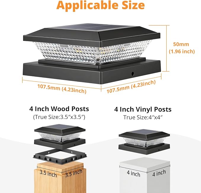 Mlambert 4x4 Solar Post Cap Lights Outdoor 4 Pack, Waterproof Solar Fence Light for Wooden/Vinyl Post, 2 Color Outside Deck Patio Porch Decor, Black