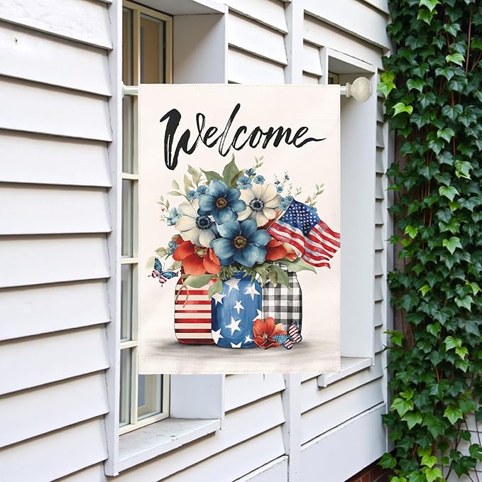 Patriotic Fourth of July House Flag Welcome Red White and Blue Mason Jar Flowers Garden Flags American Flag Floral Farmhouse Outdoor for Independence Day Memorial Day Veterans Day 28 x 40 Inch