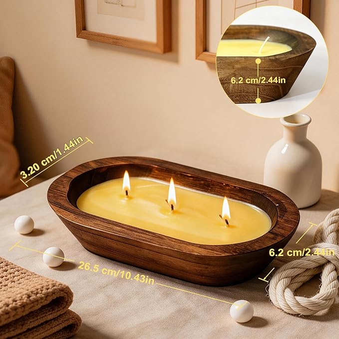 SCENTORINI Citronella Candles, Wood Dough Bowl 2 Pack (35oz), 3 Wicks, Natural Soy Wax Infused with Citronella Essential Oil, Summer Fresh Scent for Outdoor Indoor Patio Camping Balcony