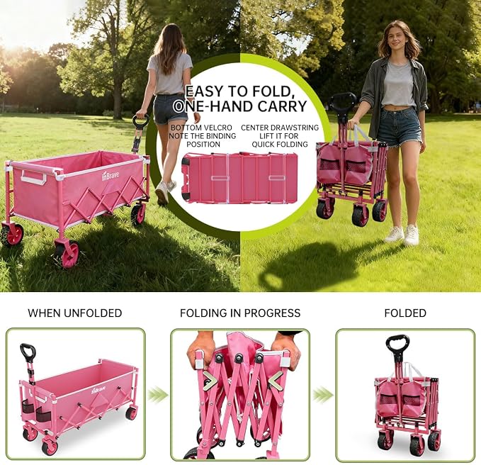 Extra Long Collapsible Wagon Cart, 480LBS Heavy Duty Utility Wagons with All-Terrain Wheels, Foldable Grocery Carts for Gardening, Shopping, Beach, Camping, Rose Pink