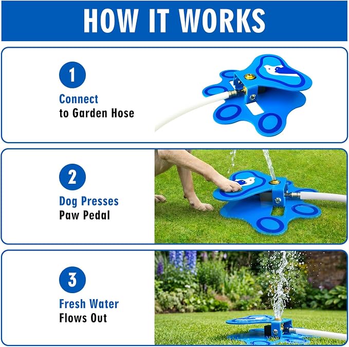 Outdoor Dog Water Fountain for Dogs, Paw Activated Dog Drinking Fountain, Aluminum Step-On Automatic Pet Water Dispenser with Sprinkler Fun, Self-Service Fresh Water Fountain for Yard & Outside
