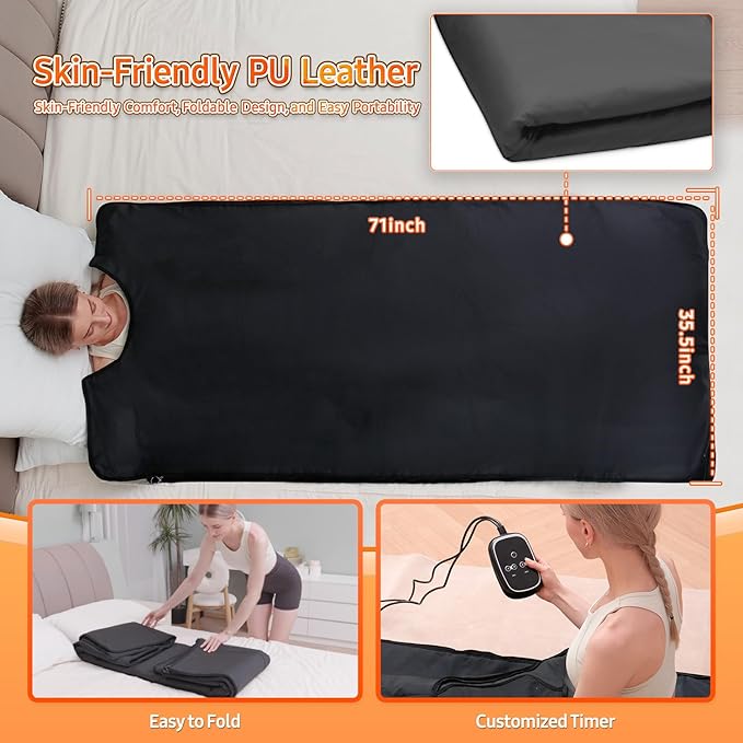 Infrared Sauna Blanket for Home: Skin-Friendly PVC Leather Large Portable Blanket for Full Body Detox & Relaxation - Far Infrared Heating Adjustable 86-167℉ & 30-60 Min Timer 71 x 35.5Inch