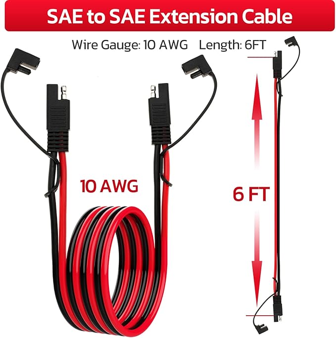 10AWG SAE Extension Cable 10 Gauge SAE to SAE Extension Cord with Two Prong Connectors for Solar RV Automotive (6FT)