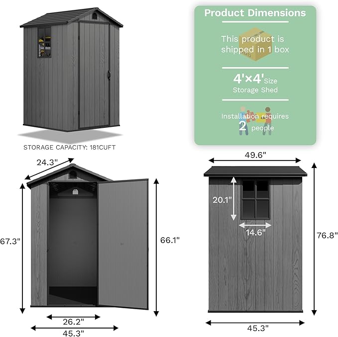 Greesum 4x4FT Plastic Storage Shed with Floor, Resin Outdoor Storaged Sheds with Lockable Door, All Weather Durable Tool Shed with Window and Vent, for Garden, Patio, Backyard, Dark Gray