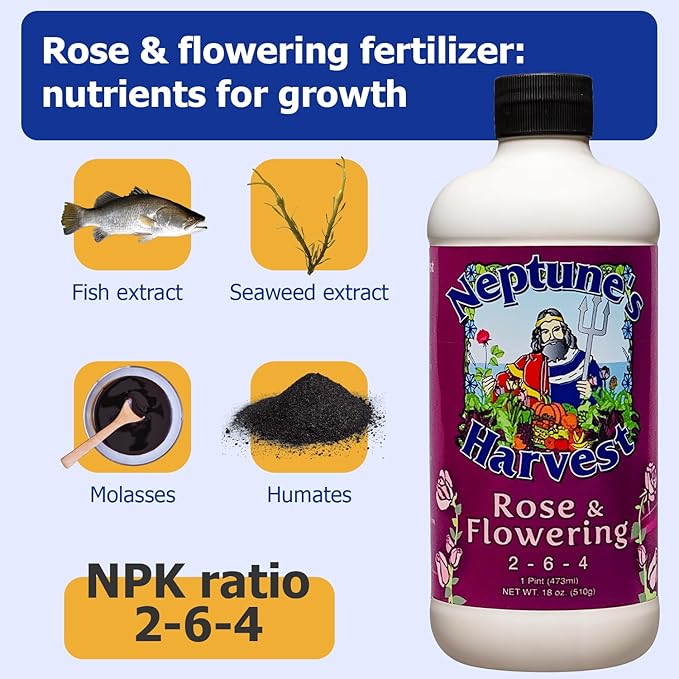 Neptune's Harvest Rose & Flowering Fertilizer (2-6-4) - 18oz Pint - Organic Liquid Food for Vibrant Blooms & Growth - Promotes Healthy Foliage - Ideal Fertilizer for Indoor & Outdoor Use