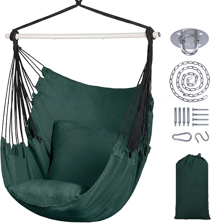 SUNCREAT Hammock Chair Hanging Rope Swing Seat-Max 450lbs Capacity, Extra Large Hanging Swing with Metal Support Bar, Side Pocket, Green