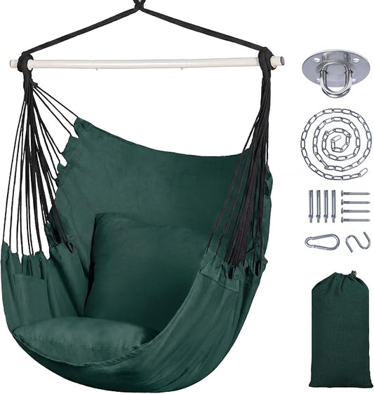 SUNCREAT Hammock Chair Hanging Rope Swing Seat-Max 450lbs Capacity, Extra Large Hanging Swing with Metal Support Bar, Side Pocket, Green