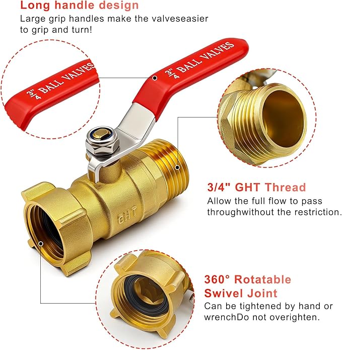 Heavy Duty 3/4" GHT Brass Garden Hose Shut Off Valve - Full-Flow Design, 304 Stainless Steel Handle, Corrosion Resistant for Outdoor Faucet, Sprinkler & Water Control