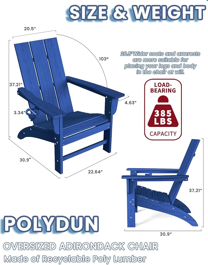 Modern Adirondack Chair, HDPE Plastic Patio Chairs for All Weather, Fire Pit Chair, Outdoor Lawn Chairs for Deck, Porch, Backyard, Garden, Navy Blue