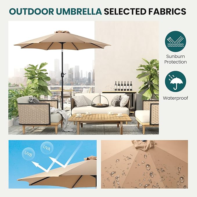 OLIXIS 9ft Patio Umbrella with Tilt and Crank Button & 8 Sturdy Ribs Waterproof, Patio Table Umbrella Perfect for Poolside, Terrace, Beach and Outdoor Restaurant, Brown