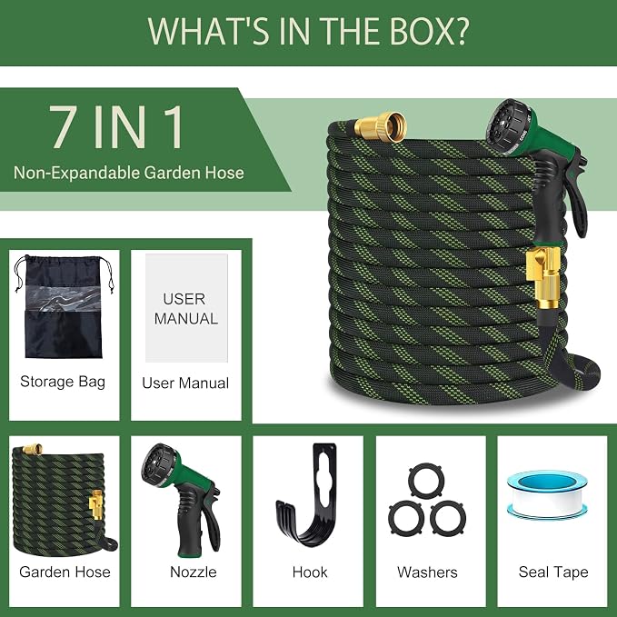 Garden Hose Non-Expandable 75 ft, Lightweight Flexible Water Hose with 10 Function Spray Nozzle, Outdoor Leak Proof, Kink-Free, Portable Hose for Yard, Lawn, Camper, High-Density Fabric, Black Green