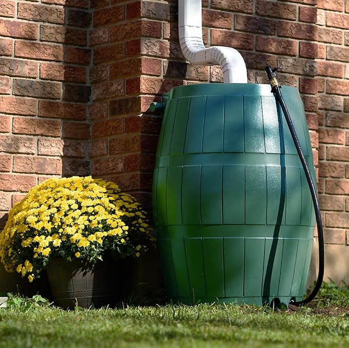 FCMP Outdoor Raincatcher, Flat-Back Rain Barrel with Spigots, 50 Gallon, Green
