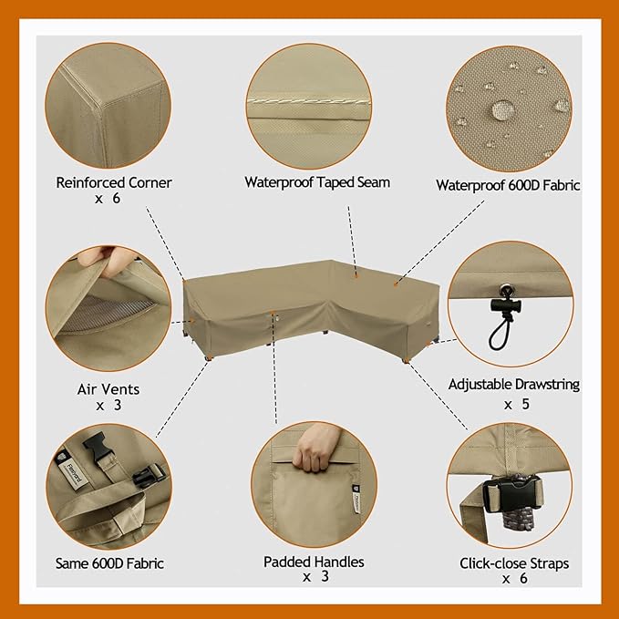 Heavy Duty Outdoor Sectional Sofa Cover, Waterproof 600D Patio Sectional Couch Covers, Lawn Patio Furniture Cover (Desert Khaki, 130"x100"(L-Shaped-Right Facing))