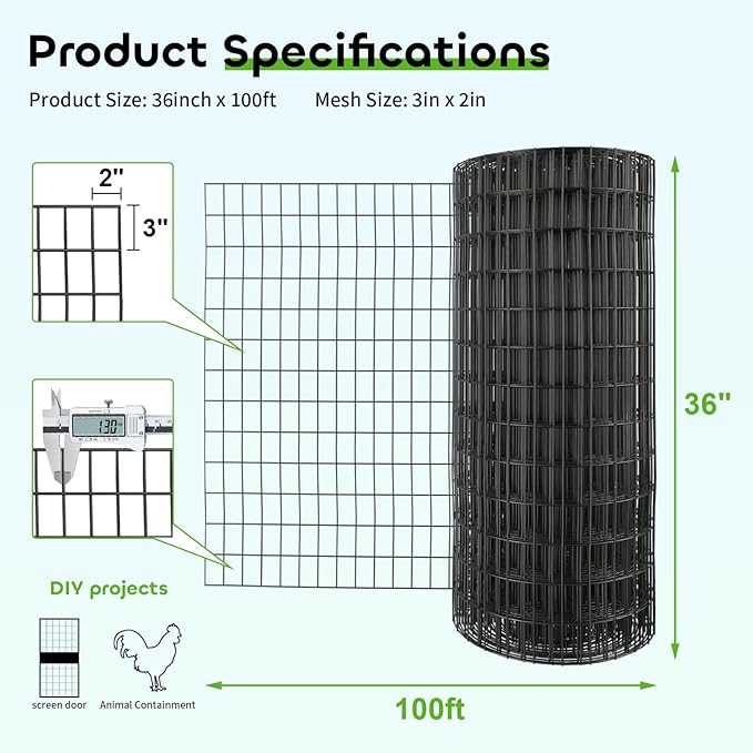 Welded Wire Fencing 36 Inch x 100 Foot, 2 Inch x 3 Inch 16GA Black Hardware Cloth PVC Coated Garden Border Fencing Roll Vinyl Coating Metal Wire Mesh for Yard Vegetable Goat Protection Poultry Netting