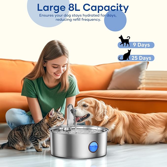 Dog Water Fountain for Large Dogs - 8L/270oz Stainless Steel Dog Water Fountain, Great for Large Dogs Cats and Multi-Pet Home, Quiet Pet Dispenser, Easy-to-Clean Dog Fountain