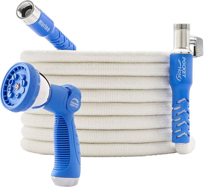 Pocket Hose 100 ft Expandable Garden Hose for Marine & RV Use – Drinking Water Safe & Lead-Free, 3/4” Lightweight No-Kink Hose with On/Off Valve, 10-Pattern Sprayer & Storage Bag