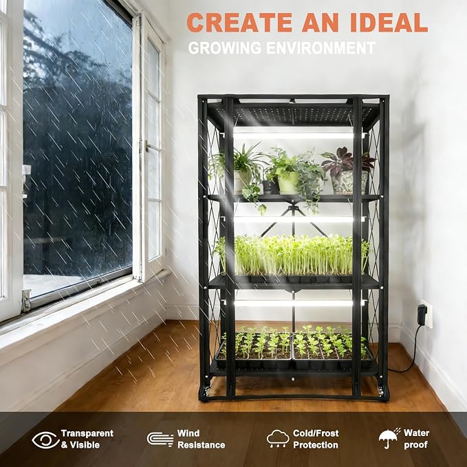 Indoor Greenhouse with Grow Light, 4-Tier Foldable Metal Plant Shelf with Full Spectrum 6000K Growing Lamps and Tent, Mini Greenhouse Cabinet with Timer for Seed Starting (28.2"x14.2"x50")