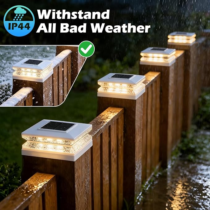 Solar Post Cap Lights, 6 Pack Deck Fence Cap Light for 4x4 5x5 Wood/Vinyl Posts, 3 Color Modes, LED Deck Post Lights Solar Powered Waterproof, for Patio Porch Garden Decoration, White